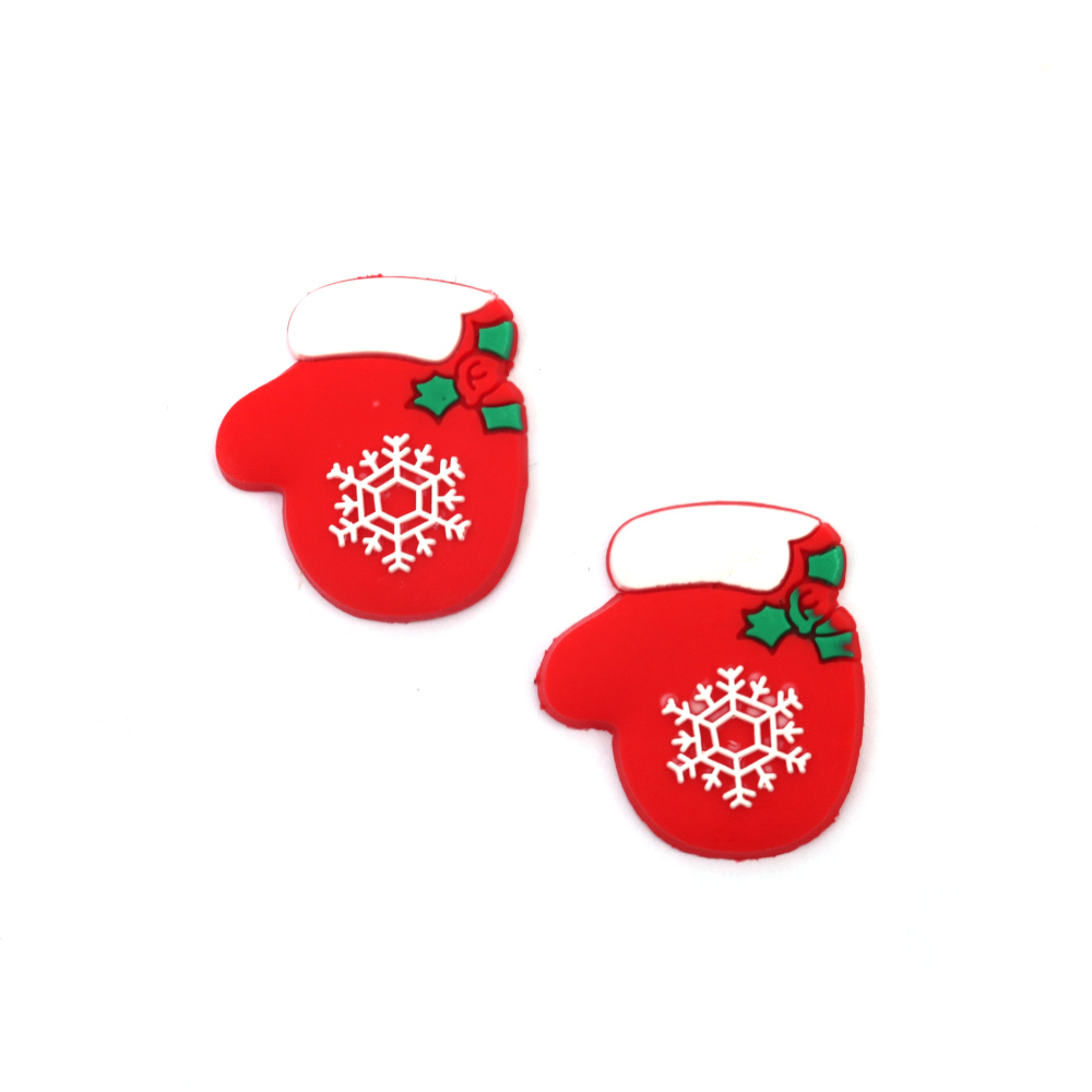 Rubber Figure 27x30x3 mm, Mitten with Snowflake, White and Red - 10 pieces