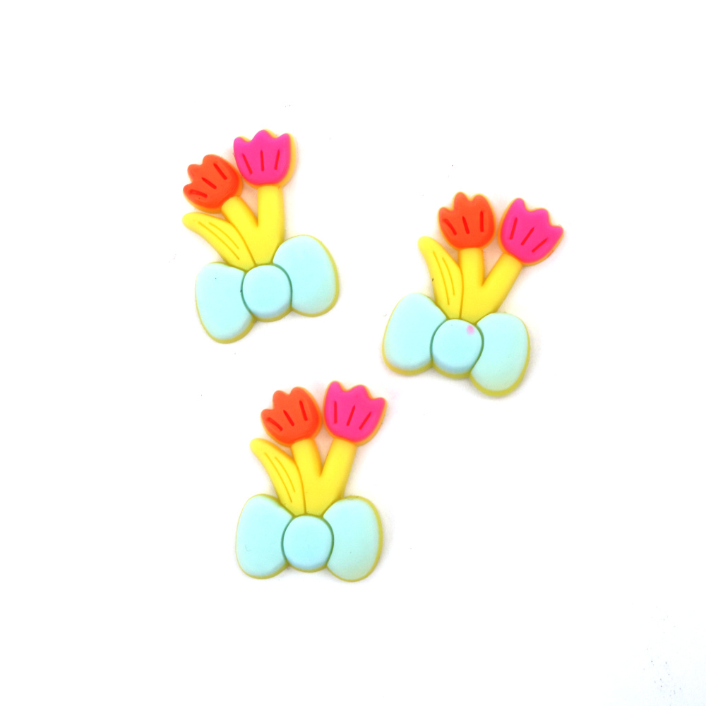 Rubber Figurine, 22x30x4 mm, Flowers with Ribbon - Set of 10