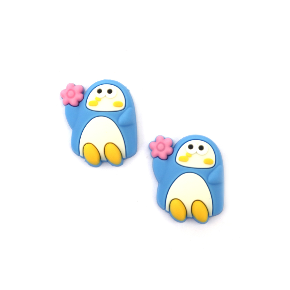 Rubber Figurine, 27x30x6 mm, Penguin with Flower, White and Blue - Set of 10