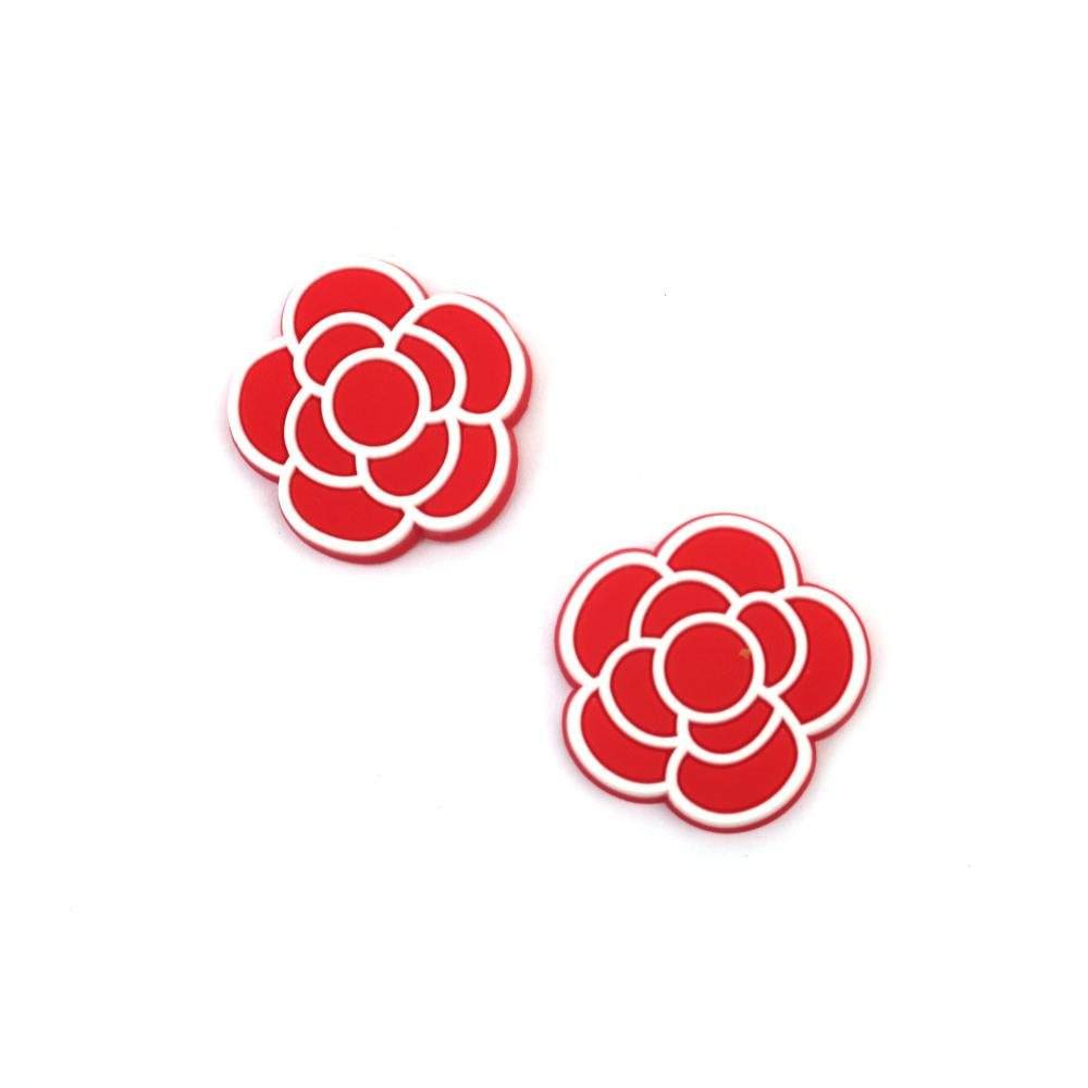 Rubber Figurine, 23x22x3 mm, Flower, Red and White - Set of 10