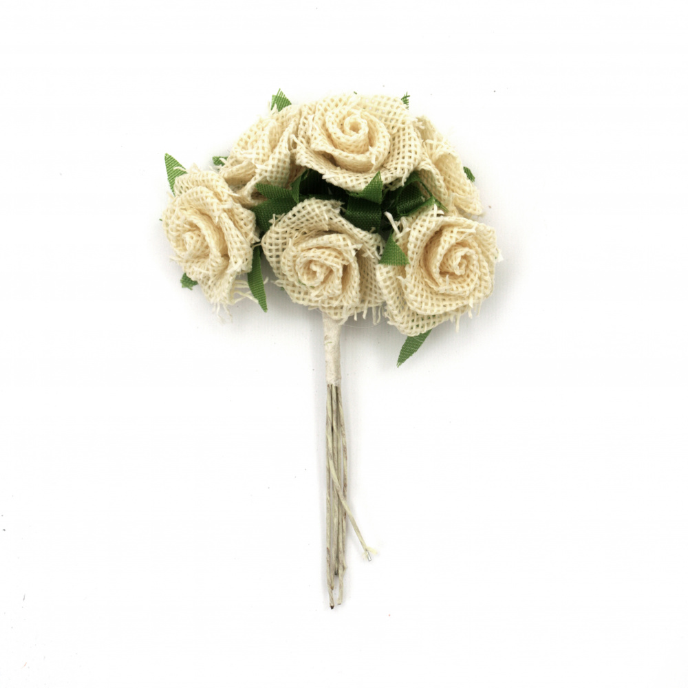 Цвете зебло за декорация роза 25x90 мм цвят екрю букет -6 броя
