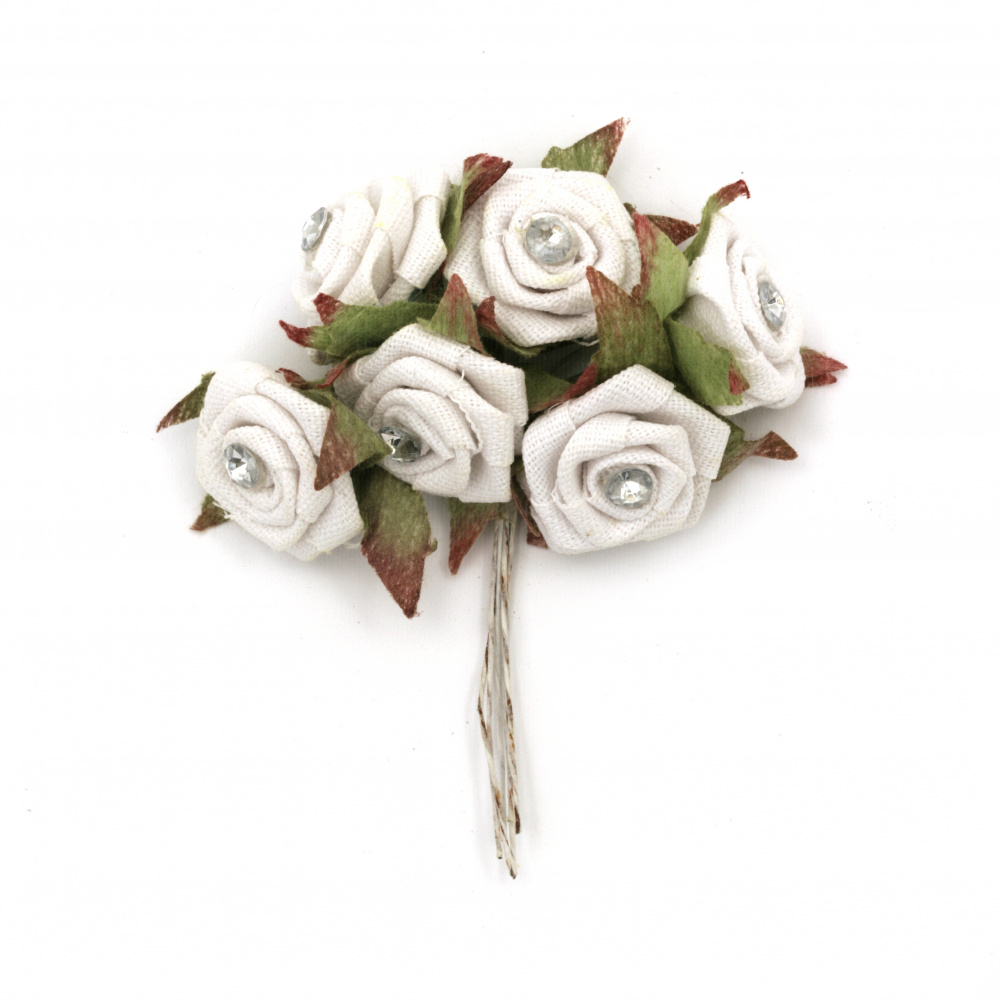 Διακοσμητικό μπουκέτο από λινάτσα τριαντάφυλλα και απομίμηση μαργαριταριού  25x90 mm χρώμα λευκό -6 τεμάχια