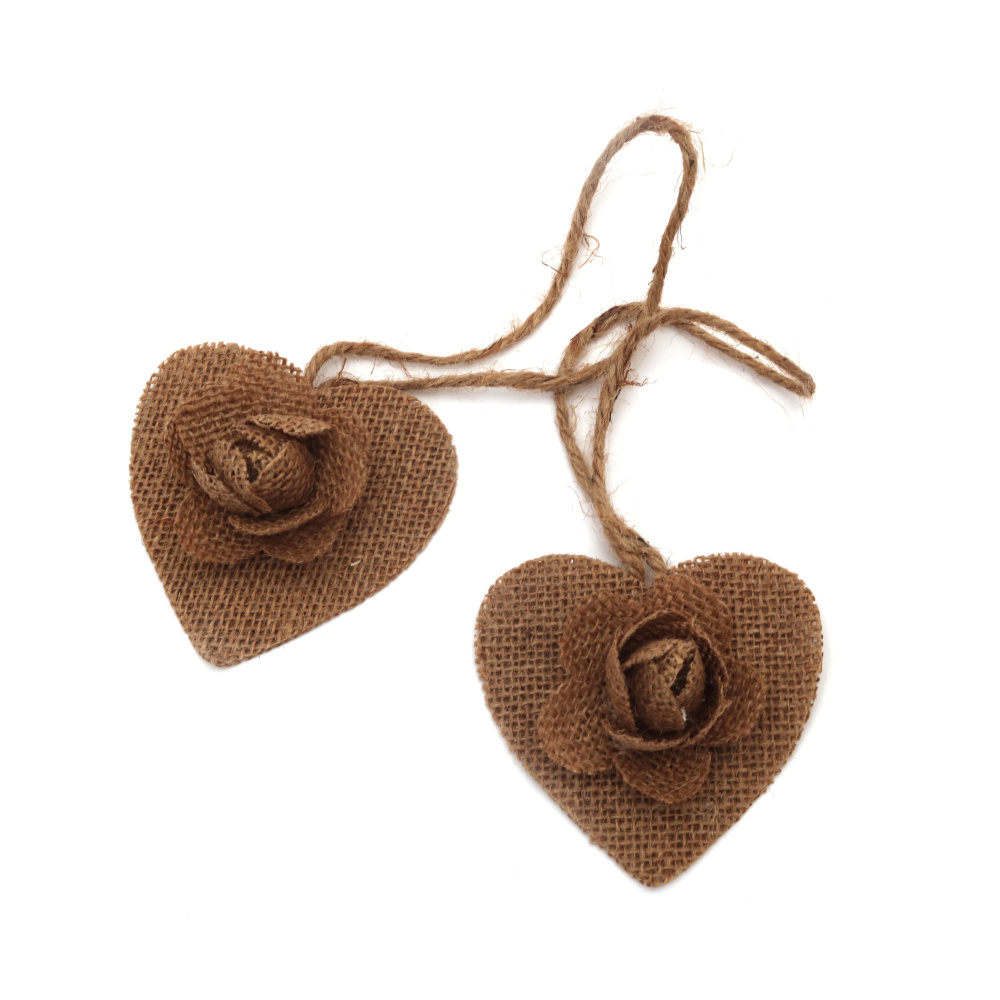 Heart Pendant with a Burlap Rose Flower & Twine, perfect for decoration, 84x85x31 mm - 2 pieces
