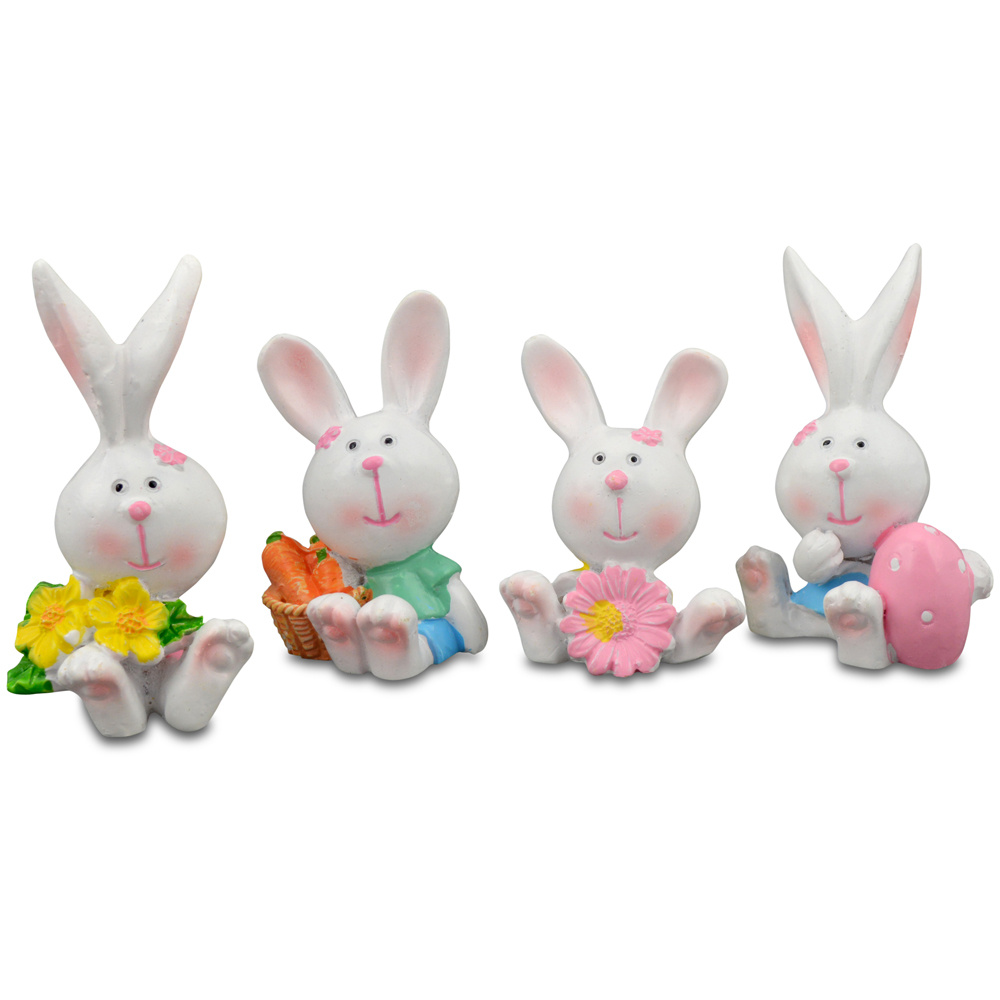 Polyresin Figurine MEYCO Miniature Sitting Rabbit with flower, carrot and egg ~29x24x63 mm display - 4 pieces