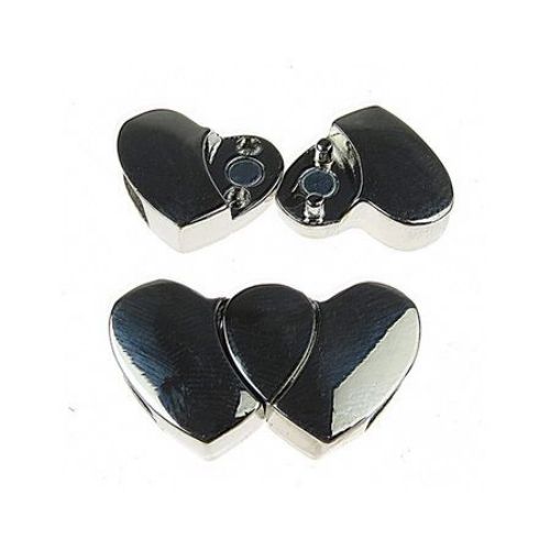 Fastener metal magnetic hearts two parts 17x29x6 mm hole 11x4 mm color silver