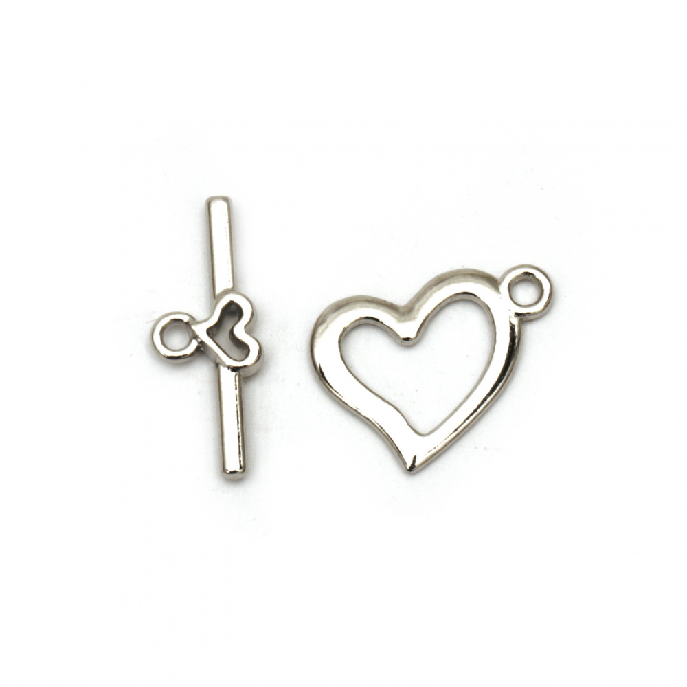 Metal clasp two parts heart,Jewellery Making 15x19 mm, 22x9 mm hole 2 mm color silver -5 sets