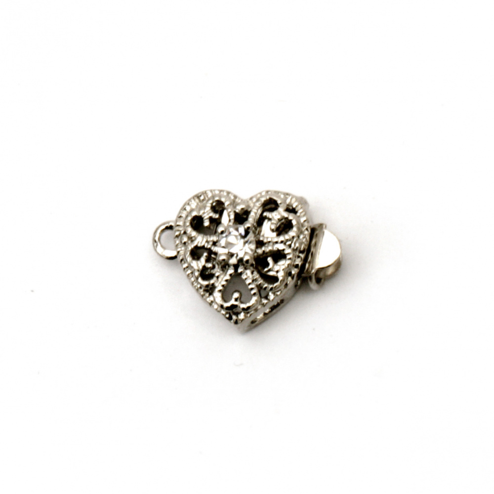 Закопчалка метална с кристал сърце 17x11x7 мм дупка 2.5 мм цвят сребро