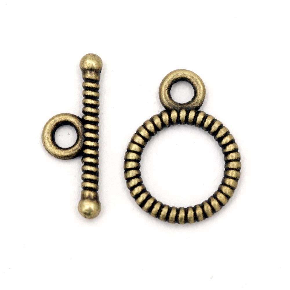 Закопчалка метална две части кръг 10.5x14 мм , 15x2 мм дупка 2 мм цвят антик бронз -10 комплекта