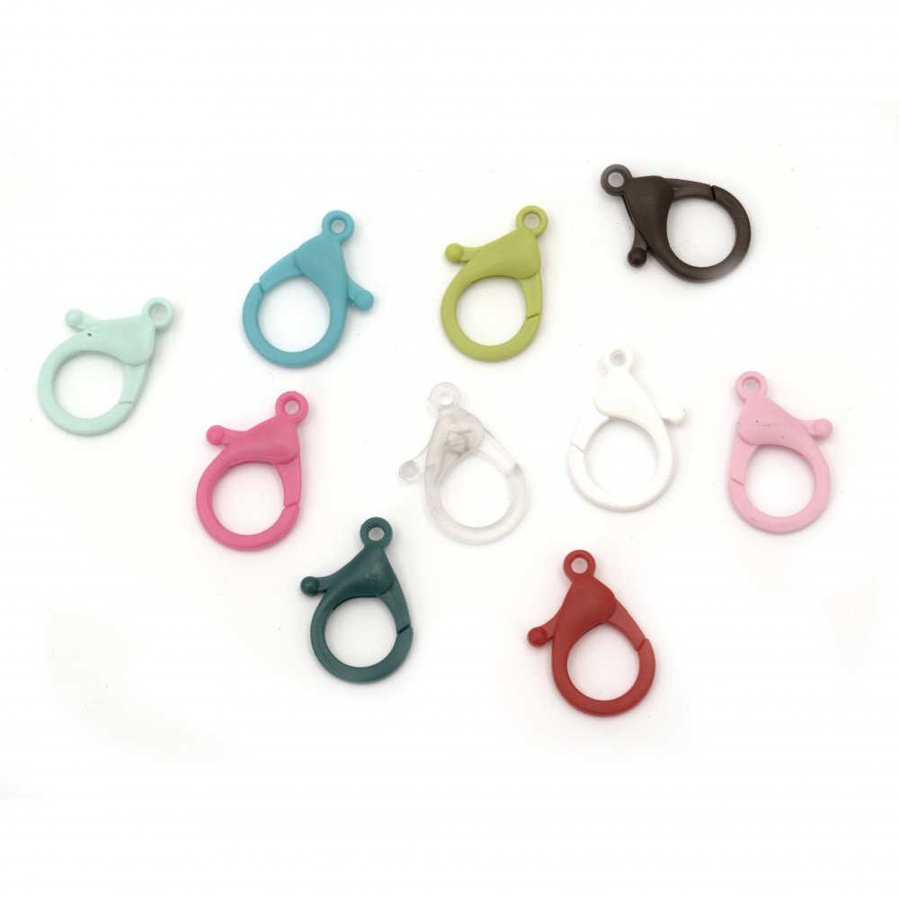 Plastic Lobster Claw Clasp, Colorful Clips for Jewelry Making, Key Chains or DIY Crafts, Size: 35x22 mm, Hole: 3 mm, ASSORTED Colors - 10 pieces