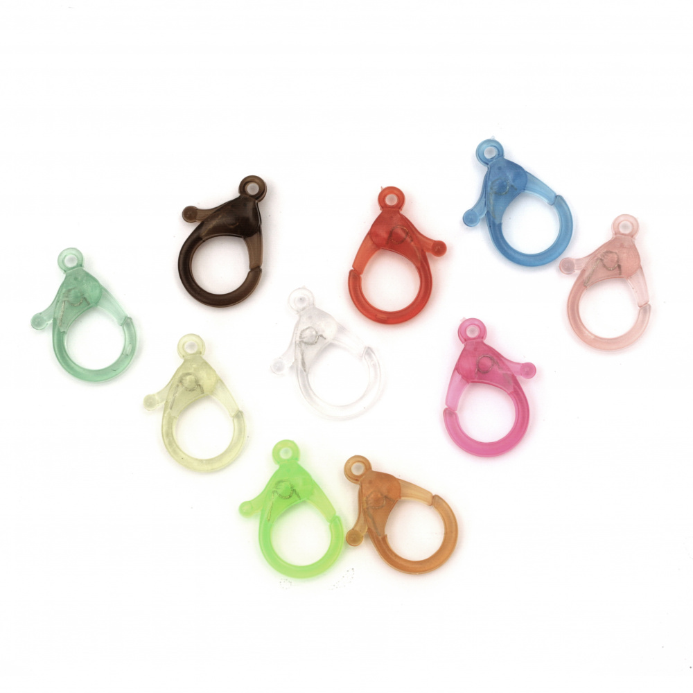 Plastic Lobster Claw Clasp Fastener, Colorful and Transparent Clips for Jewelry Making, DIY Crafts, Size: 25x15 mm, Hole: 2 mm, ASSORTED Colors - 10 pieces