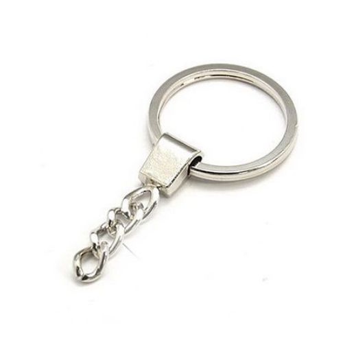 Key-Holder Ring, 30x8x7 mm, with Chain, Silver Color - Pack of 2