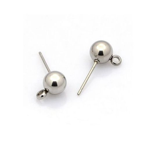 Steel Ball Earring Studs with Loop / 15x6x4 mm, Thickness: 0.4 mm /  Silver - 4 pieces