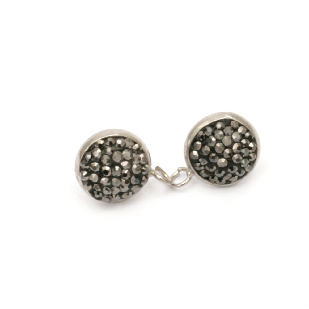 Round Metal Stud Earrings with Polymer and Crystals /15x16, Stud: 11, Hole: 2 mm / Silver and Black - 2 pieces