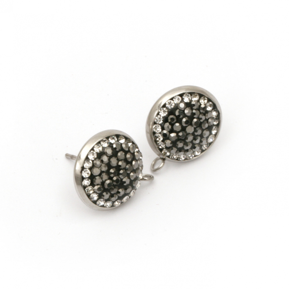 Round Metal Stud Earrings with Polymer and Crystals / 15x16.5 mm, Stud: 11 mm, Hole: 1.5 mm /  Silver and Black - 2 pieces