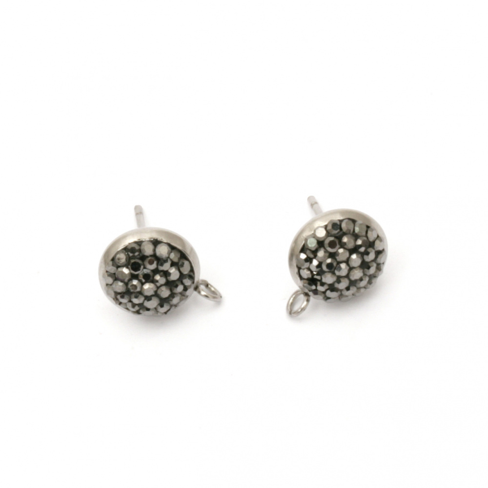 Stud Earrings with Polymer and Crystals / 15x12.5, Stud: 11 mm,  Hole: 1.5 mm / Silver and Black - 2 pieces