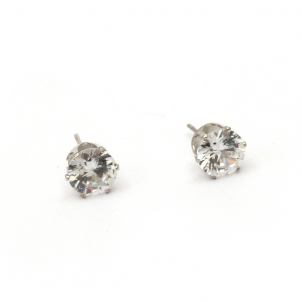 Stud Earrings with Rhinestone / 16x8 mm, Stud: 10 mm / Silver - 2 pieces