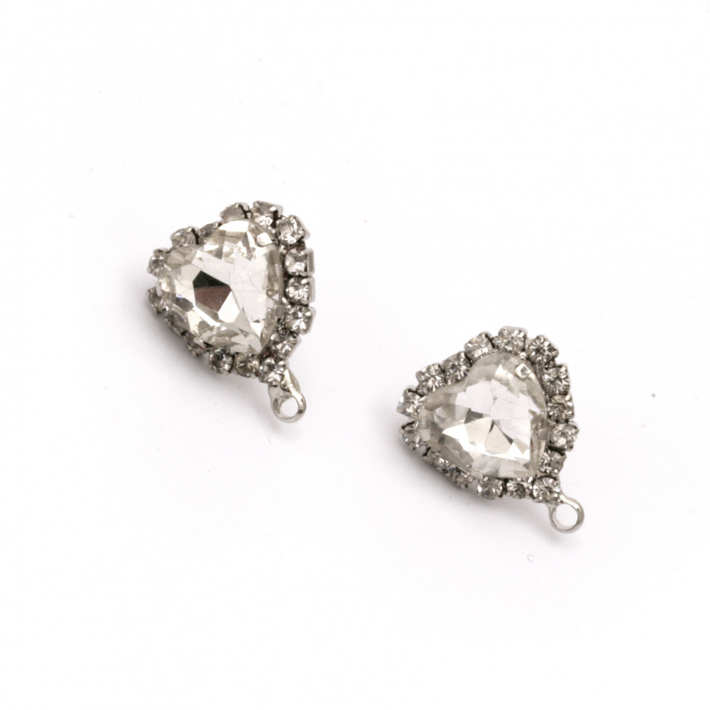 Metal Heart-shaped Stud Earrings with Crystals / 18x17x14 mm, Stud: 12 mm, Hole: 1.5 mm / Silver - 2 pieces