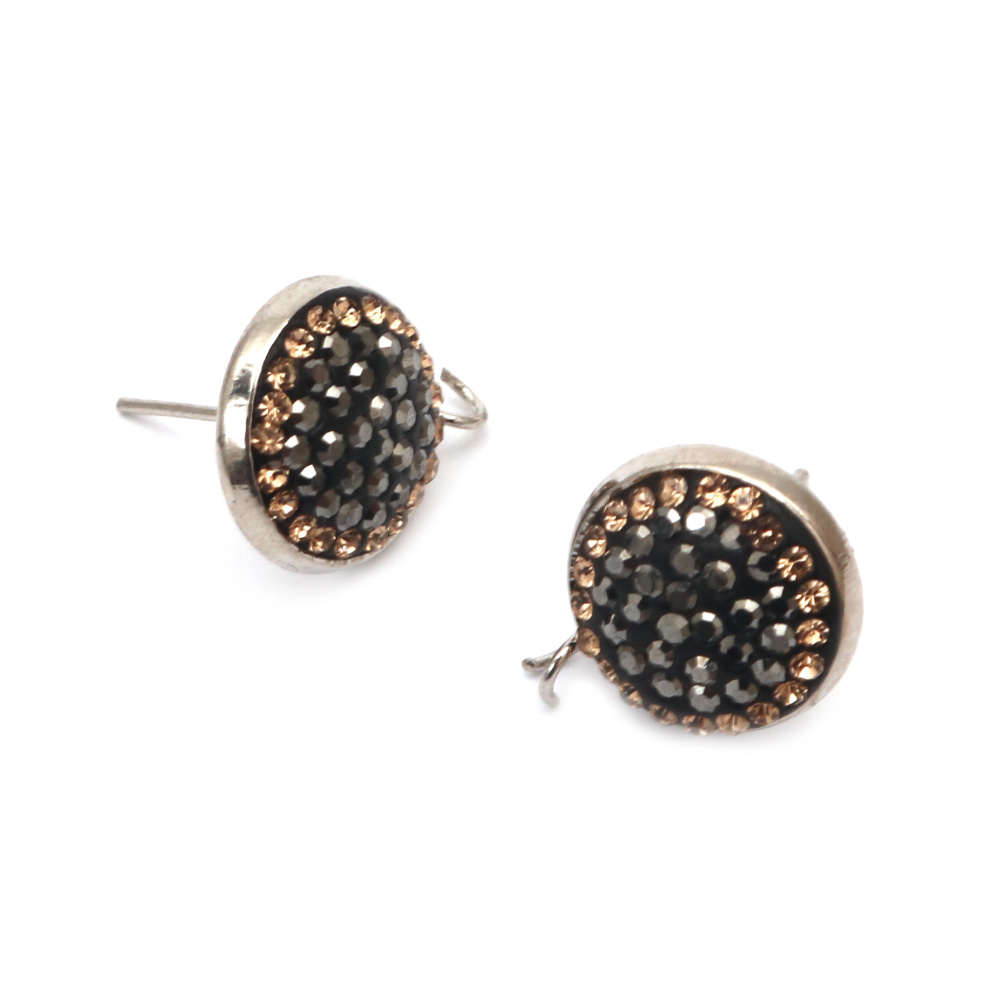 Metal Stud Earring Tip with Polymer and Crystals / 16x13, Stud: 11 mm, Hole: 1.5 mm / Color: Black - 2 pieces
