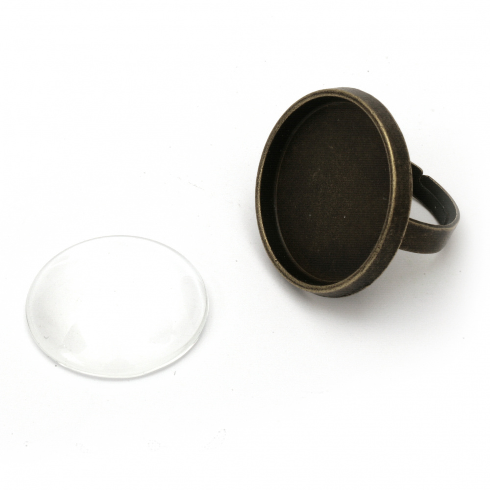 Metal Ring Base: 29x23 mm with Glass Cabochon: 25 mm / Antique Bronze