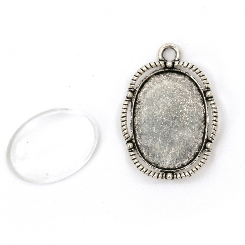 Oval Metal Base for Pendant, with Glass Cabochon Bezel Setting, Size:  26x17 mm, Cabochon size:  18x3x4 mm, Silver color