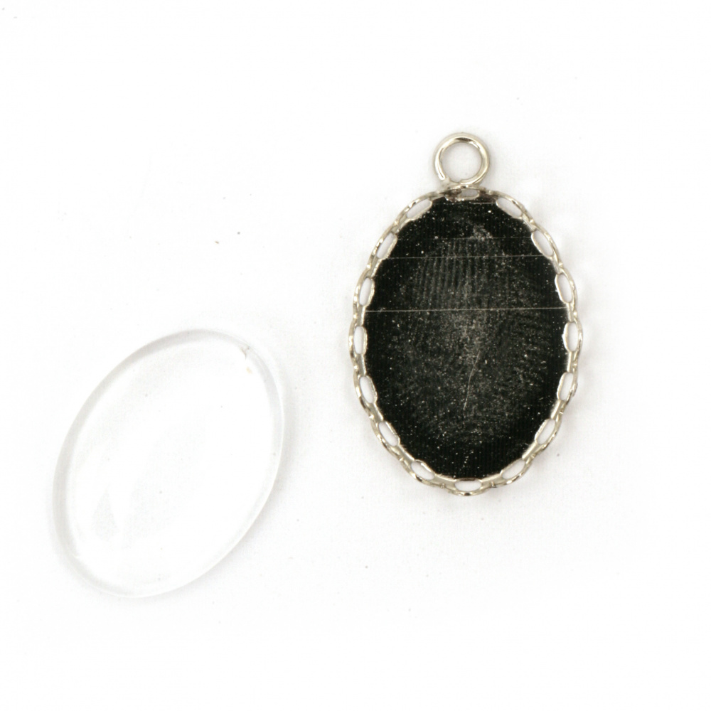 Oval Metal Base for Pendant Blank 23x14 mm, with Glass Cabochon Size: 18x3x4 mm, Silver color
