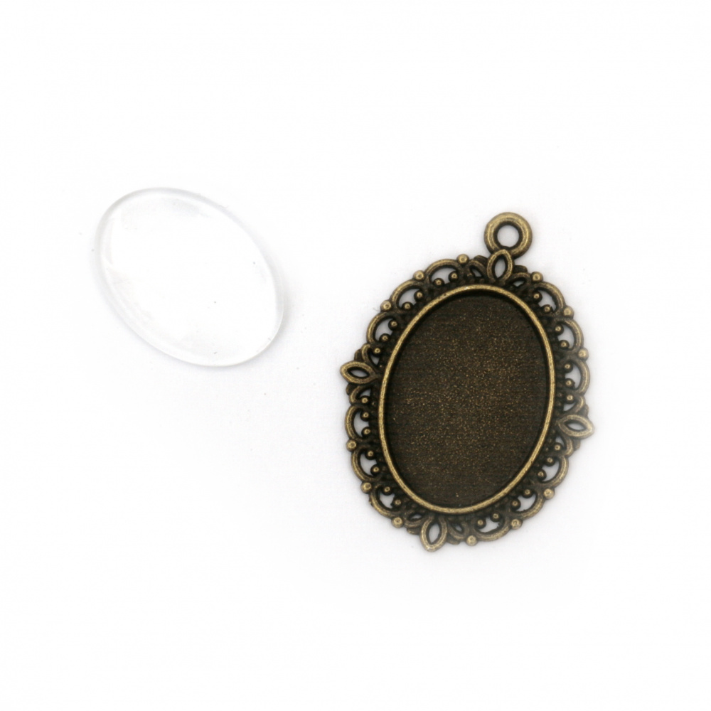 Oval Bezel Metal Pendant Tray Base Size: 29.5x22x2mm, with Glass Cabochon Size: 18x13x4mm, Antique Bronze color
