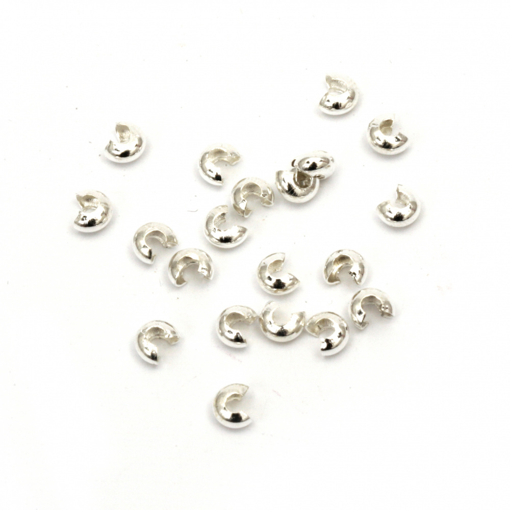 Metal Half Round Open Crimp Beads, Bead Knot Covers, Stopper Beads with Closure, Size: 3.2x2.2 mm, Hole: 1.2 mm, Color White - 20 pieces