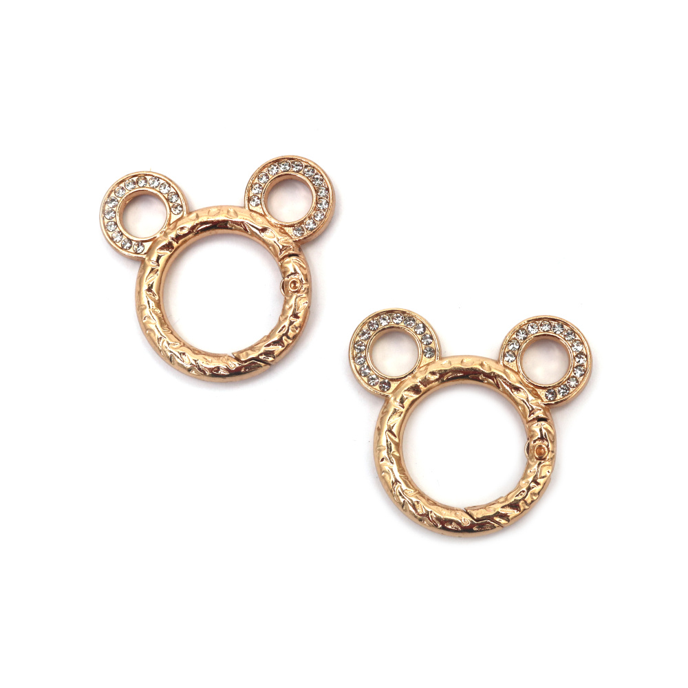 Moschettone con chiusura a clip a forma di topo con cristalli, colore oro, 38x35x4 mm, per bigiotteria e fai da te