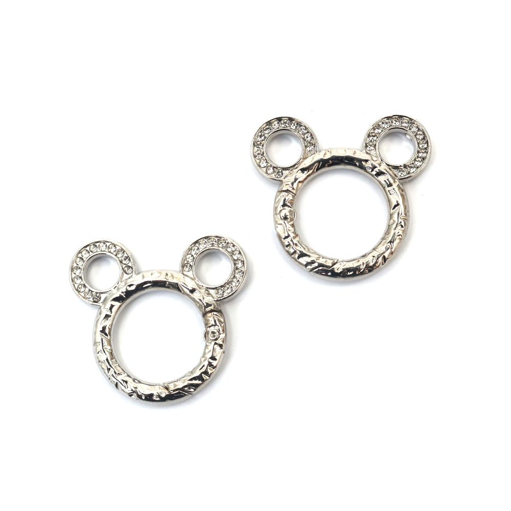 Moschettone di sicurezza per bigiotteria a forma di topo con cristalli, colore argento, 38x35x4 mm
