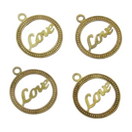 Metal pendant  circle with inscription LOVE flat 11.5x10 mm hole 0.3 mm color old gold - 30 pieces