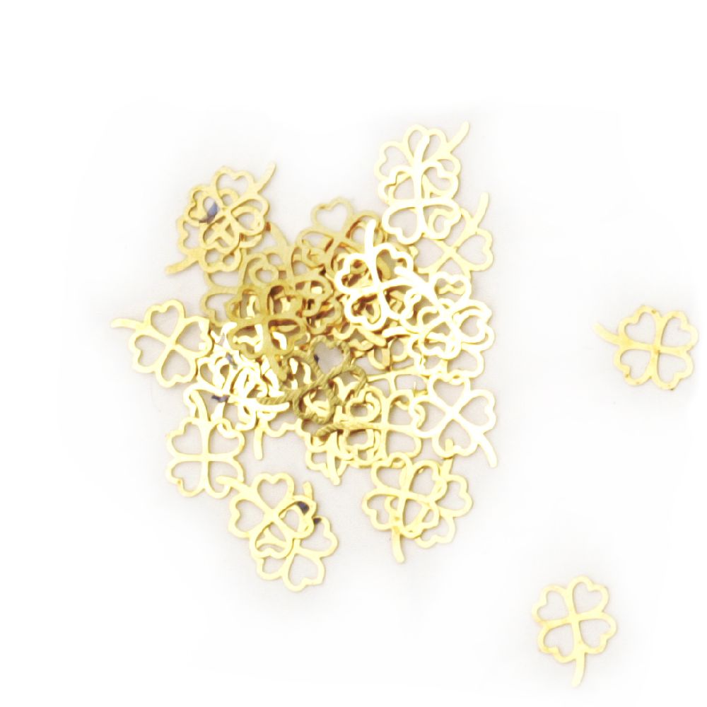 Διακοσμητικά στοιχεία μεταλλικά  τριφύλλι από χάλυβα 5x4x0,5 mm τρύπα 2 mm χρώμα χρυσό -100 τεμάχια