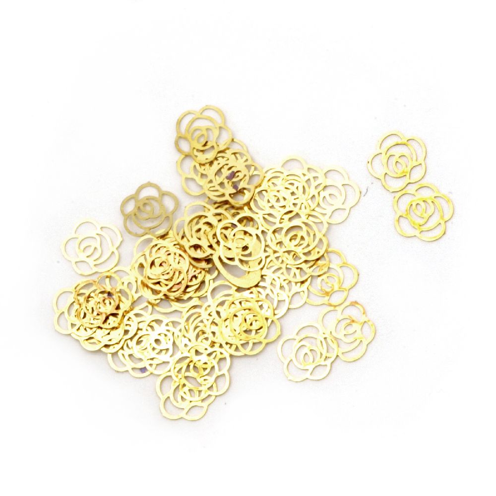 Διακοσμητικά στοιχεία μεταλλικά  από χάλυβα τριαντάφυλλο 5x0,5 mm τρύπα 2 mm χρώμα χρυσό -100 τεμάχια