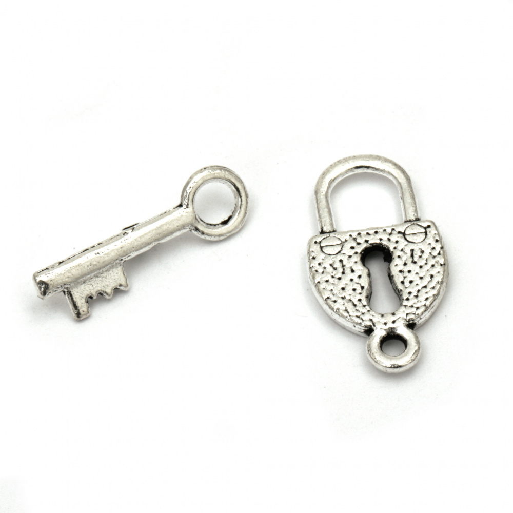Metal Clasps in Two Parts -  Padlock and Key / 11.5x21x2 mm, 20x5x2 mm, Hole: 2 mm - 5 sets