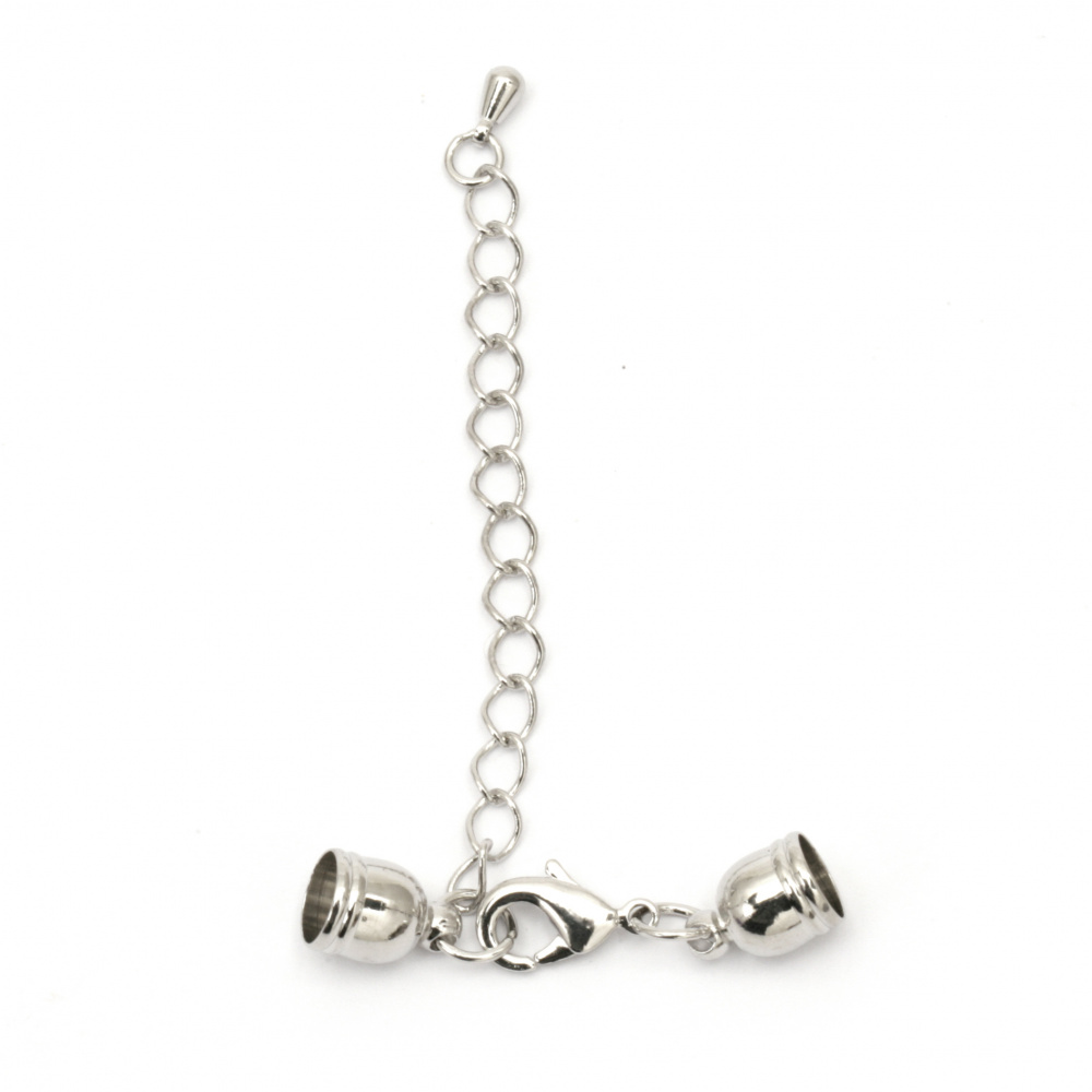 Set of Metal Clasp with End Cups and Chain / 35 mm, Hole: 7 mm /  Silver