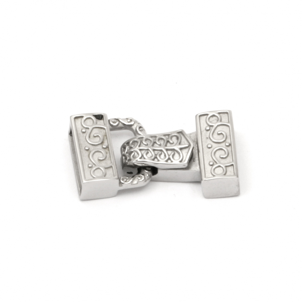 Two Parts STEEL Ornamented Clasp / 28x14x7.5mm, Hole: 4x12mm / Silver - 1 set