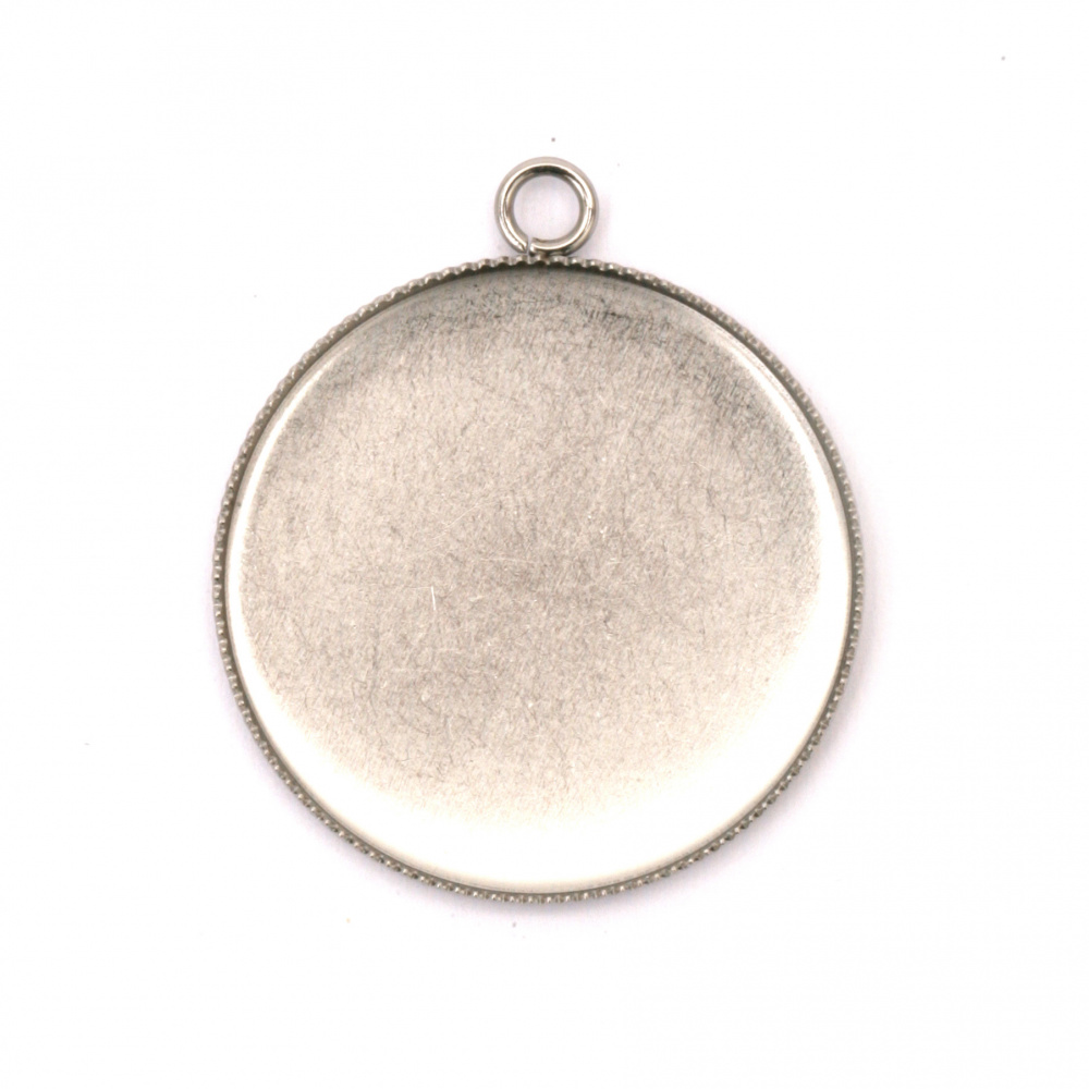 Metal medallion base, 36x31x2 mm, plate 30 mm, 3 mm hole, silver color