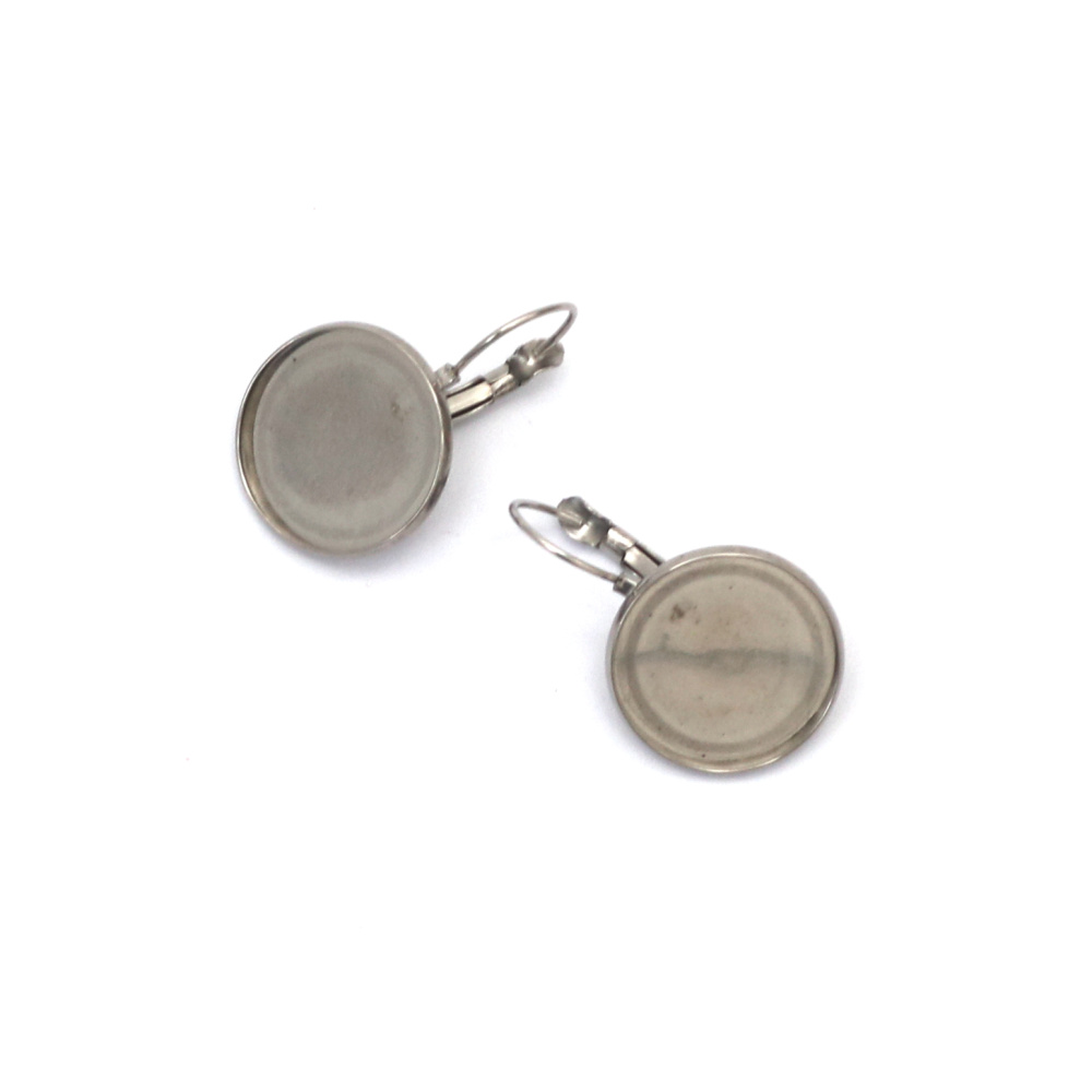 Steel Earring Tip 17.5x28x12 mm with 16 mm Bezel Base and Closure, Silver Color - Set of 2 Pieces