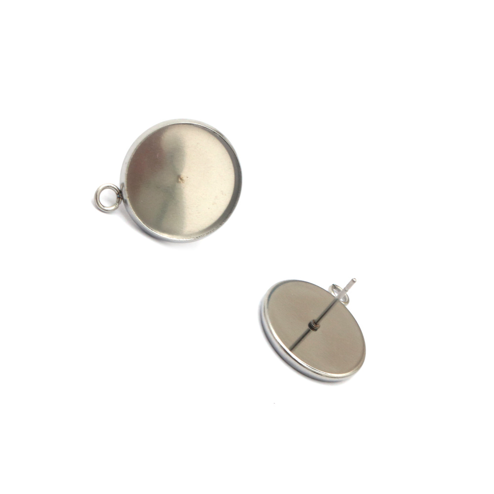 Steel Earring Bases 18x13x0.7 mm with 16 mm Base for Embedding and 2 mm Loop, Silver Color - 6 Pieces