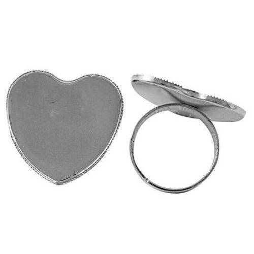 Bază metalică pentru inel 18 mm inimă 26x26x2 mm culoare argintiu -4 bucăți
