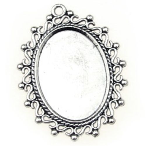 Oval Metal Base for Medallion with Vintage Design / 38x30x2, Tile: 25x18 mm, Hole: 2 mm / Silver