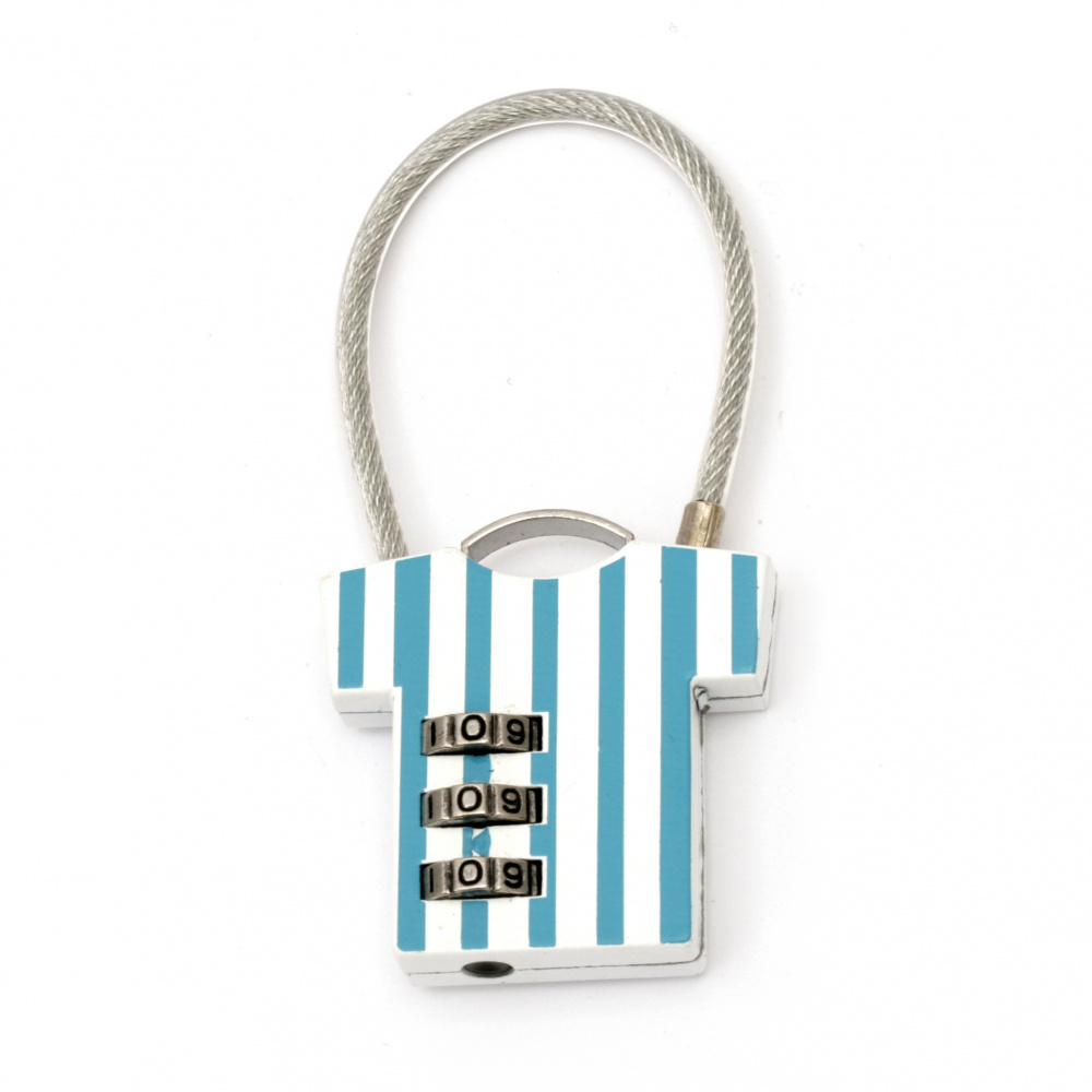 Padlock in T-shirt shape with 3 digits code 81x39x12 mm white and blue stripe