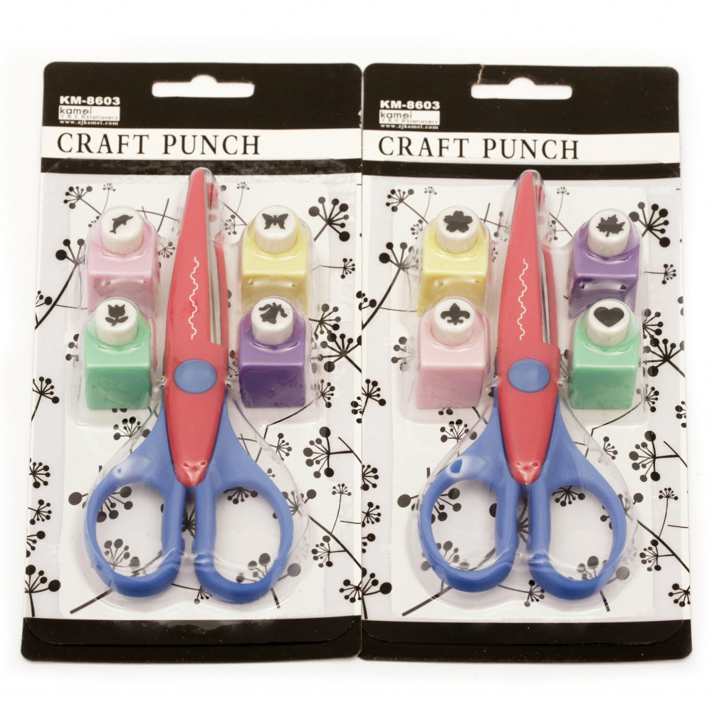 Set of decorative craft scissors for wavy cutting Kamei 16 cm with 4 punches 10 mm for cardboard up to 160 g/m2 k4
