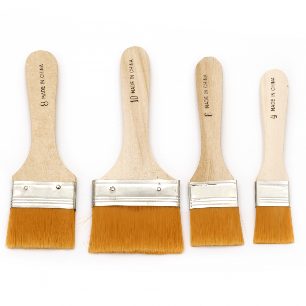 Set of brushes 4 pieces flat 25 mm, 35 mm, 46 mm, 63 mm with wooden handle