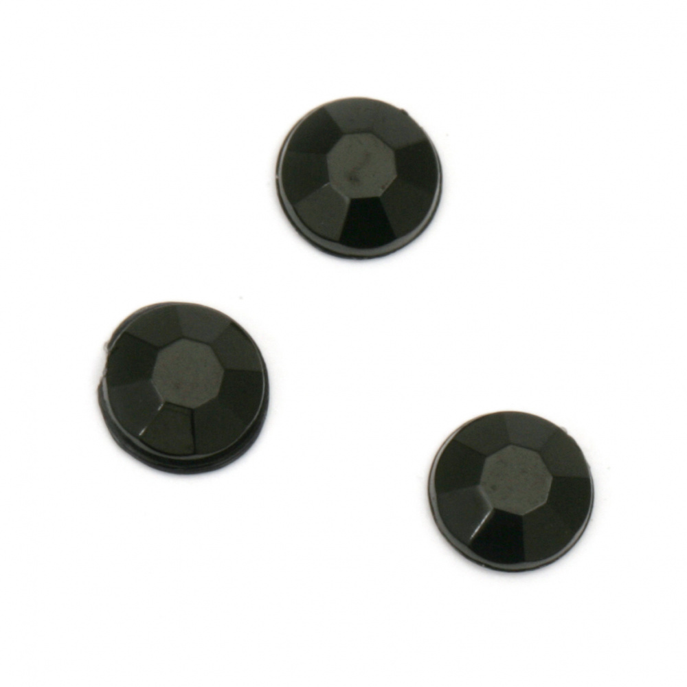 Акрилни камъчета за лепене кръг 7x2 мм плътен цвят черен фасетиран -50 броя