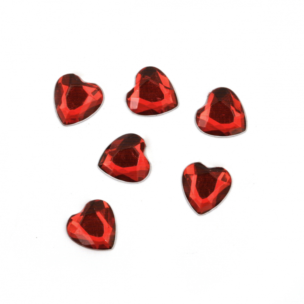 Καρδιά, ακρυλική πέτρα για κόλλημα 10 mm κόκκινη πολύπλευρη - 50 τεμάχια