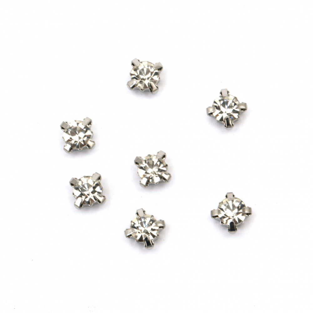 Sew-on stone, 6 mm with metal base and hole, silver color - 50 pieces