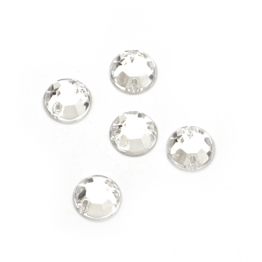 Акрилни камъчета за пришиване 9 мм кръг цвят бял прозрачен фасетиран -50 броя