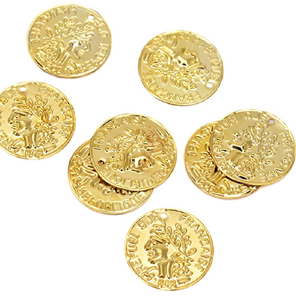 Metal coin, 20 mm with 1.5 mm hole, gold with face - 10 pieces