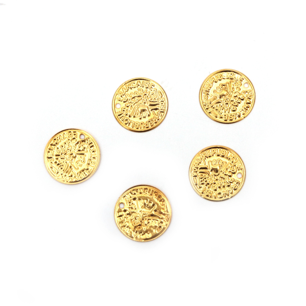 Metal Decorative Coin with Face / 15 mm hole 1mm/ Gold  - 50 pieces
