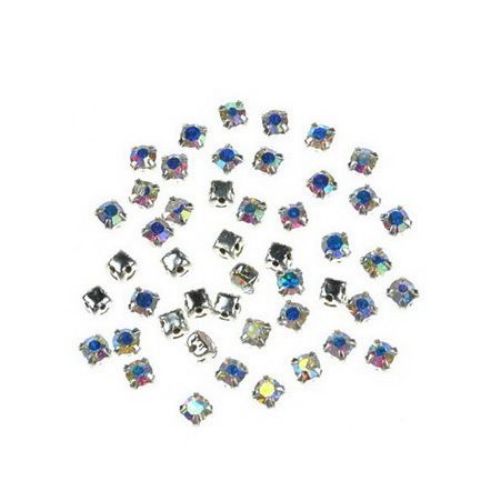 Stone for sewing with metal base 3x3 mm hole 1 mm extra quality, rainbow - 20 pieces